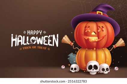 Happy halloween text vector design. Halloween greeting card with cute standing pumpkins, broom, skulls, eyeball and grave stone elements in dark spider web background. Vector illustration kids party  