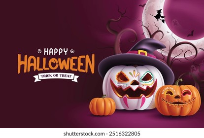 Feliz diseño de Vector de texto de halloween. Truco de Halloween o texto de saludo de trato con lindo, feliz, divertido, espeluznante y aterrador calabaza de pintura de colores en el fondo púrpura de noche espeluznante. Ilustración vectorial