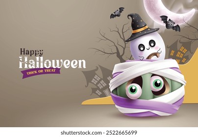 Happy halloween text vector design. Halloween greeting card with scary mummy pumpkin and ghost characters in night crescent moon haunted house paper cut background. Vector illustration trick or treat 