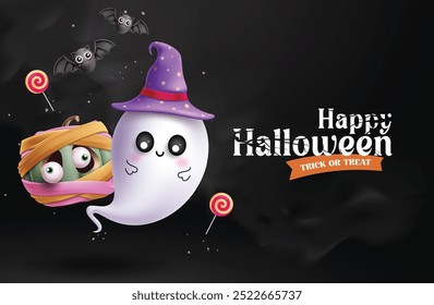 Feliz diseño de Vector de texto de halloween. Tarjeta de felicitación del truco o del trato de Halloween con el fantasma lindo y el carácter divertido de la momia de la calabaza en el fondo negro oscuro espeluznante de la noche. Ilustración vectorial horror kids 