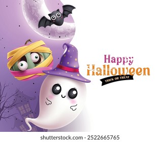 Feliz diseño de Vector de texto de halloween. Tarjeta de felicitación del truco o del tratamiento de Halloween en el fondo púrpura y blanco con el carácter lindo del fantasma que lleva el sombrero de la bruja, la calabaza divertida de la momia y los Elementos del murciélago. Vector 