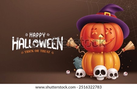 Happy halloween text vector design. Halloween greeting card with cute standing pumpkins, broom, skulls, eyeball and grave stone elements in dark spider web background. Vector illustration kids party  