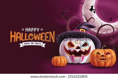 Happy halloween text vector design. Halloween trick or treat greeting text with cute, happy, funny, creepy and scary colorful paint pumpkin in spooky night purple background. Vector illustration