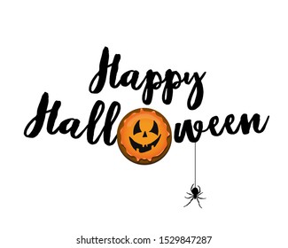 Happy Halloween text vector illustration. Lettering with spider and realistic pumpkin cookie 