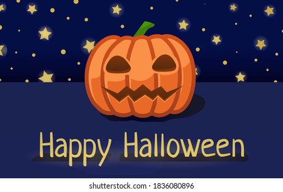 Happy Halloween text. Vector illustration with cute pumpkin on blue background with stars