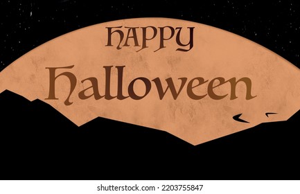 Happy Halloween text vector illustration with the full moon in the background and silhouettes of mountains and birds. Halloween background banner design. Space for text.
