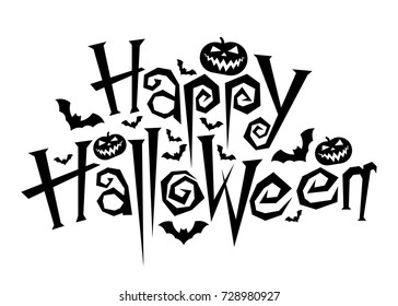 Happy halloween text, vector happy halloween text, isolated on white with bats and pumpkins