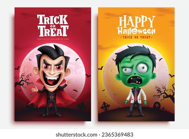 Happy halloween text vector poster set design. Halloween trick or treat invitation greeting card with vampire and zombie characters in full moon background. Vector illustration invitation card tags