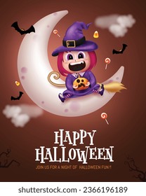 Happy halloween text vector poster design. Halloween greeting card with cute little witch girl seating in half moon elements. Vector illustration greeting card poster background. 
