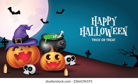 Feliz diseño de afiches vectoriales de texto de halloween. Tarjeta de saludo de Halloween con adorable niñita de bruja sentada en elementos de media luna. Fondo del afiche de la tarjeta de saludo de la ilustración del vector. 

