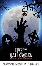 Happy halloween text vector poster design. Halloween greeting card with dead zombie hand in creepy, scary and horror silhouette grave yard background. Vector illustration invitation card in full moon 