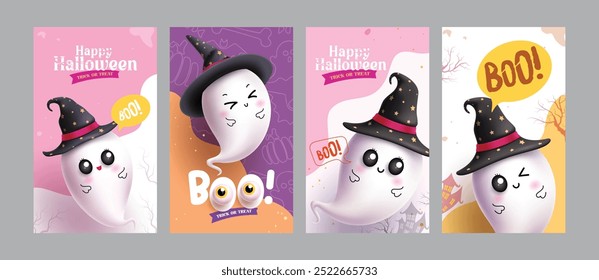 Feliz halloween texto vetor poster conjunto design. Coleção de etiquetas de presente de Halloween com personagem fantasma bonito vestindo elementos de chapéu de bruxa preta em fundo abstrato colorido. Truque de ilustração vetorial 