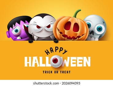 Happy halloween text vector template design. Halloween trick or treat characters scary, spooky and creepy mascot emoji in yellow background. Vector illustration. 