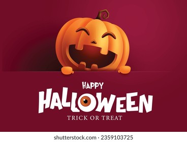 Happy halloween text vector template design. Halloween trick or treat with pumpkin lantern elements for kids party invitation card background.  Vector illustration horror card party template.
