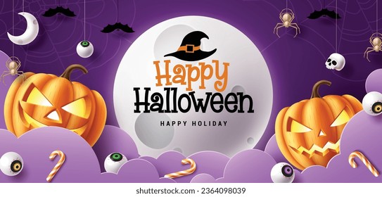 Happy halloween text vector template design. Happy holiday greeting card in full moon space with pumpkins characters and paper cut clouds decoration elements. Vector illustration horror party 