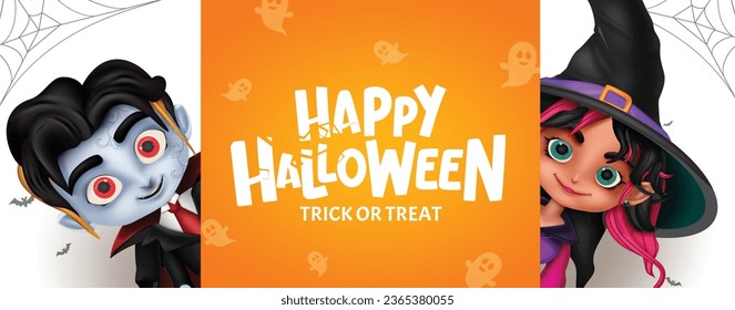 Happy halloween text vector template design. Halloween greeting in yellow space with boy zombie and cute witch girl characters for party celebration invitation card background. Vector illustration 