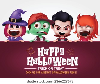 Happy halloween text vector template design. Halloween invitation card with costume cute characters for trick or treat kids party invitation card background. Vector illustration greeting invitation 