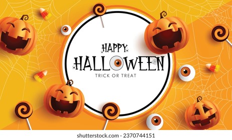 Feliz diseño de plantillas de vector de texto de halloween. El truco de Halloween o el trato en el espacio de círculo con los personajes de las calabazas y elementos del globo ocular para el trasfondo de la temporada de vacaciones. Tarjeta de saludo de ilustración vectorial.