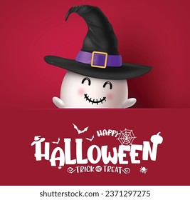 Happy halloween text vector template design. Halloween ghost friendly cute character for horror holiday greeting card in red background. Vector illustration trick or treat invitation card template.

