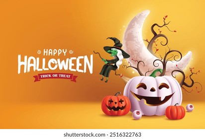 Happy halloween text vector template design. Halloween trick or treat greeting card with cute smiling spooky pumpkins, crescent moon, tree elements and flying witch character in empty space yellow