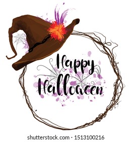 Happy halloween text and witch hat
poster banner template vector drawing watercolor style