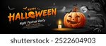 Happy Halloween text yellow and orange design, pumpkins smile, tree, bat flying, ghost, candle, moonnight, banner design on black background, Eps 10 vector illustration