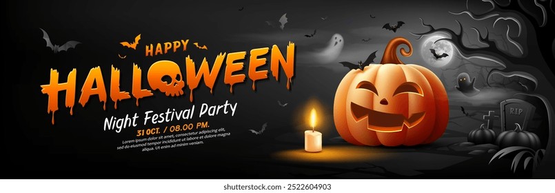 Feliz Halloween texto amarelo e laranja design, abóboras sorriso, árvore, morcego voando, fantasma, vela, noite de lua, design de banner sobre fundo preto, Eps 10 ilustração vetor