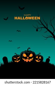 Happy Halloween theme backround with poster halloween group of Jack O Lantern pumpkin and Halloween elements on green gradient spopky poster with copy space