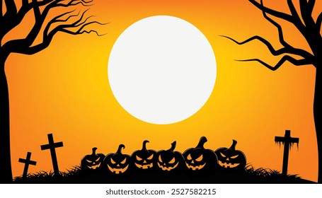 Happy Halloween theme with full Moon and evil pumpkins on graveyard. Vector illustrations for background.