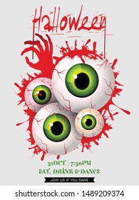 Happy Halloween theme Poster, Flyer, Banner Template for Party. Vector illustration with Zombie Eye, Blood and Zombie Hand.