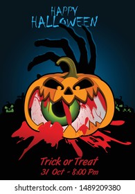 Happy Halloween theme Poster, Flyer, Banner Template for Party. Vector illustration with Zombie Eye, Pumpkin, Zombie Hand and Blood.