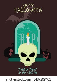 Happy Halloween theme Poster, Flyer, Banner Template for Party. Vector illustration with  Graves, Skull and Pumpkin and Candle.