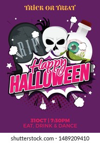 Happy Halloween theme Poster, Flyer, Banner Template for Party. Vector illustration with  Graves, Zombie Eye, Skull and Zombie Hand.