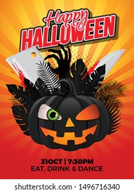 Happy Halloween theme Poster, Flyer, Banner Template for Party. Vector illustration with Monster Balloons, Graves, Zombie Eye, Skull and Hunted House