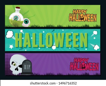 Happy Halloween theme Poster, Flyer, Banner Template for Party. Vector illustration with Monster Balloons, Graves, Zombie Eye, Skull and Hunted House