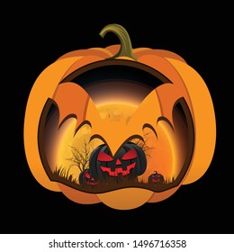 Happy Halloween theme Poster, Flyer, Banner Template for Party. Vector illustration with Monster Balloons, Graves, Zombie Eye, Skull and Hunted House