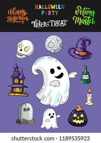 Happy Halloween theme set of icons and characters - ghost, witch hat, pumpkin, skull and lettering