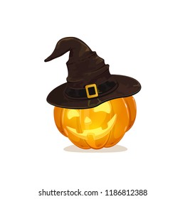 Happy Halloween theme. Smiling orange pumpkin in a black witch's hat with golden buckle isolated on white background, illustration.