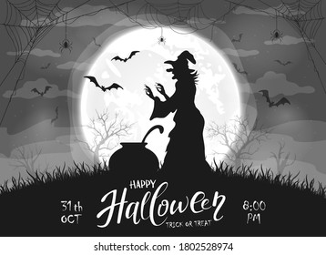 Happy Halloween theme with witch, bats and spiders on black night background. Holiday lettering on Moon background. Illustration can be used for clothing or children's holiday design, cards, banners