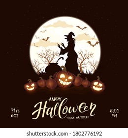 Happy Halloween theme with witch and pumpkins on black night background. Holiday theme with Jack O' Lanterns on Moon background. Illustration can be used for children's holiday design, cards, banners