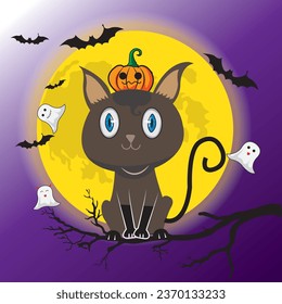 Happy Halloween with this cute little cat. In the middle of the moon, beautiful eyes, little ghosts and bats
