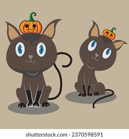 Happy Halloween with this cute little cat costume, beautiful eyes, different poses. Come with the little pumpkin ghost, vector file