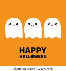 Happy Halloween. Three flying ghost spirit set showing tongue, moustaches, lips. Boo. Scary white ghosts. Cute cartoon spooky character. Smiling face, cheeks. Orange background Flat design. Vector