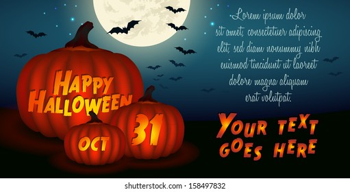 Happy Halloween three glowing pumpkins with full moon banner and place for your text - vector illustration.