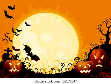 Happy Halloween! Three glowing halloween pumpkins, tree, graveyard, grave stone and many flying  bats on  abstract background with big moon.