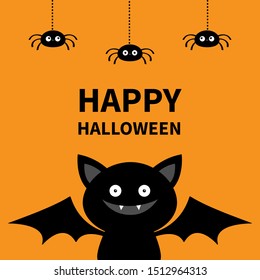 Happy Halloween. Three hanging spiders and bat. Cute cartoon kawaii funny baby character with open wings. Black silhouette. Forest animal. Flat design. Orange background Isolated Greeting card. Vector