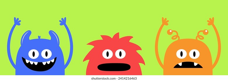 Happy Halloween. Three monster set. Colorful silhouette head face icon set line. Eyes, tooth fang, tongue, hands up. Cute cartoon kawaii scary funny baby character. Green background Flat design Vector