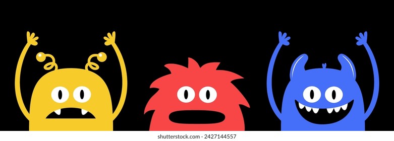 Happy Halloween. Three monster set line. Colorful silhouette head face icon. Eyes, tooth fang, tongue, hands up. Cute cartoon kawaii scary funny baby character. Flat design. Black background. Vector