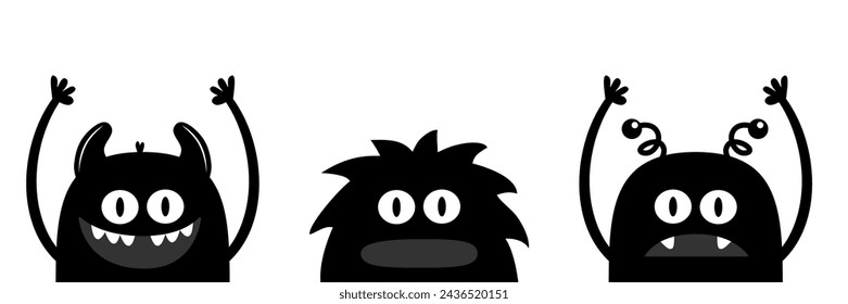 Happy Halloween. Three monster set line. Black silhouette face head icon. Eyes, tooth, tongue, fang, hands up. Cute cartoon kawaii scary funny baby character. Flat design. Black background. Vector