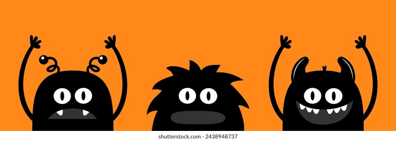 Happy Halloween. Three monster set line. Black silhouette head face icon. Cute cartoon kawaii scary funny baby character. Eyes, tooth fang, tongue, hands up. Flat design. Orange background. Vector